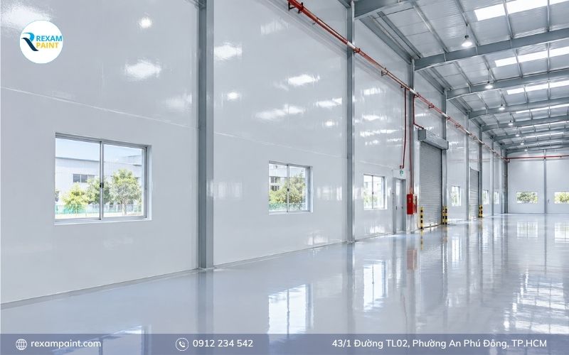 Tường nhà xưởng sơn epoxy màu sáng nhẵn bóng, sạch sẽ