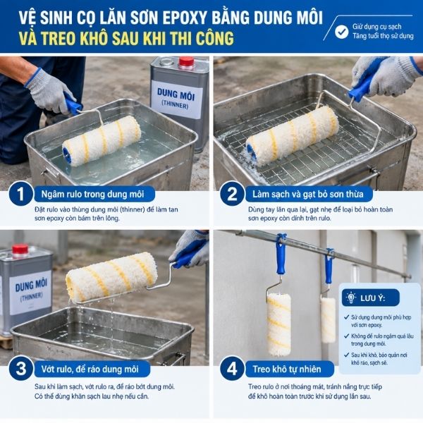Vệ sinh cọ lăn sơn epoxy bằng dung môi và treo khô sau khi thi công