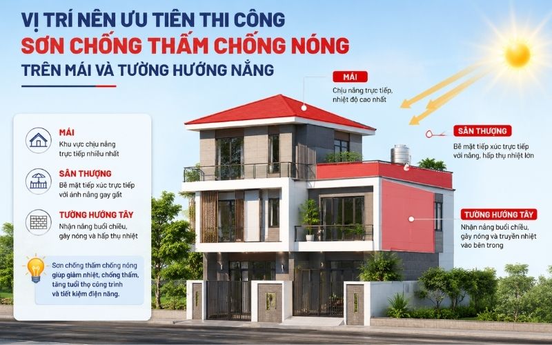Vị trí nên ưu tiên thi công sơn chống thấm chống nóng trên mái và tường hướng nắng<