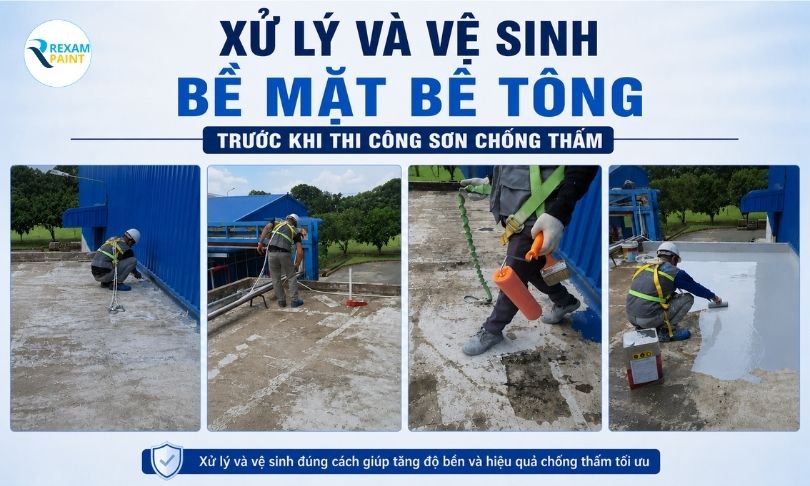 Xử lý và vệ sinh bề mặt bê tông trước khi thi công sơn chống thấm